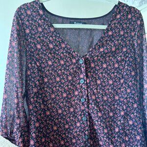 Madewell Purple Floral V Neck Button Down w/ Gathered cuffs